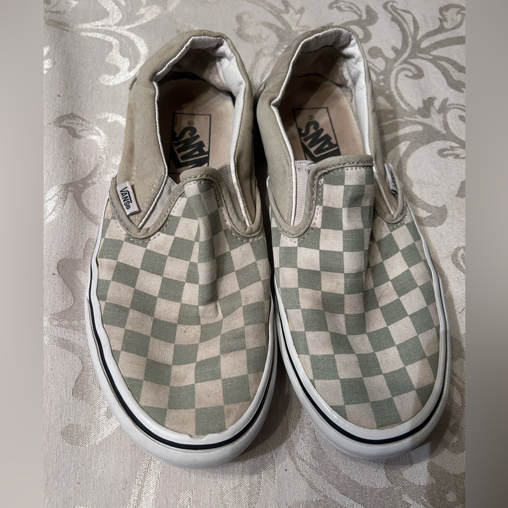 Vans Green and Cream Checkered Slip-Ons